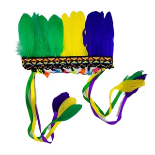 cocar de índio com penas coloridas azul amarelo e verde para festa carnaval em Oferta na Shopee