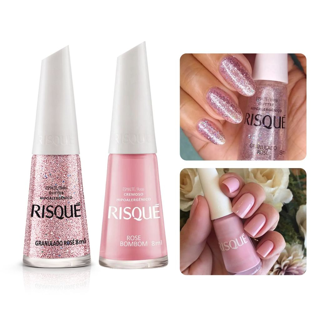 Kit 2 Esmaltes Risque Hipoalergênico Tons de Rosa com Brilho (Rosa ...