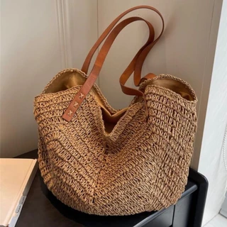 Bolsa de palha de grande capacidade para férias casuais praia portátil nova moda bolsa de ombro tecida em Oferta na Shopee