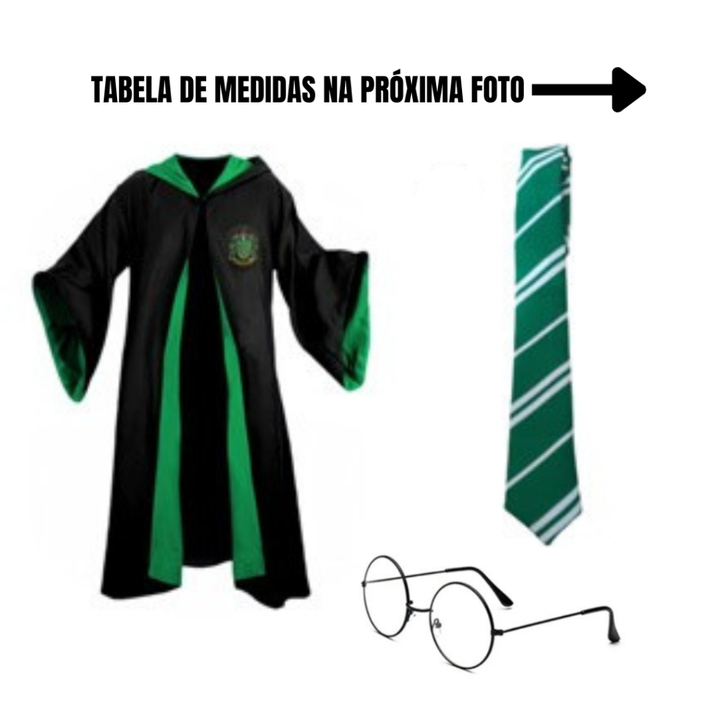MANTO + GRAVATA + ÓCULOS Harry Potter Sonserina Adulto e Infantil