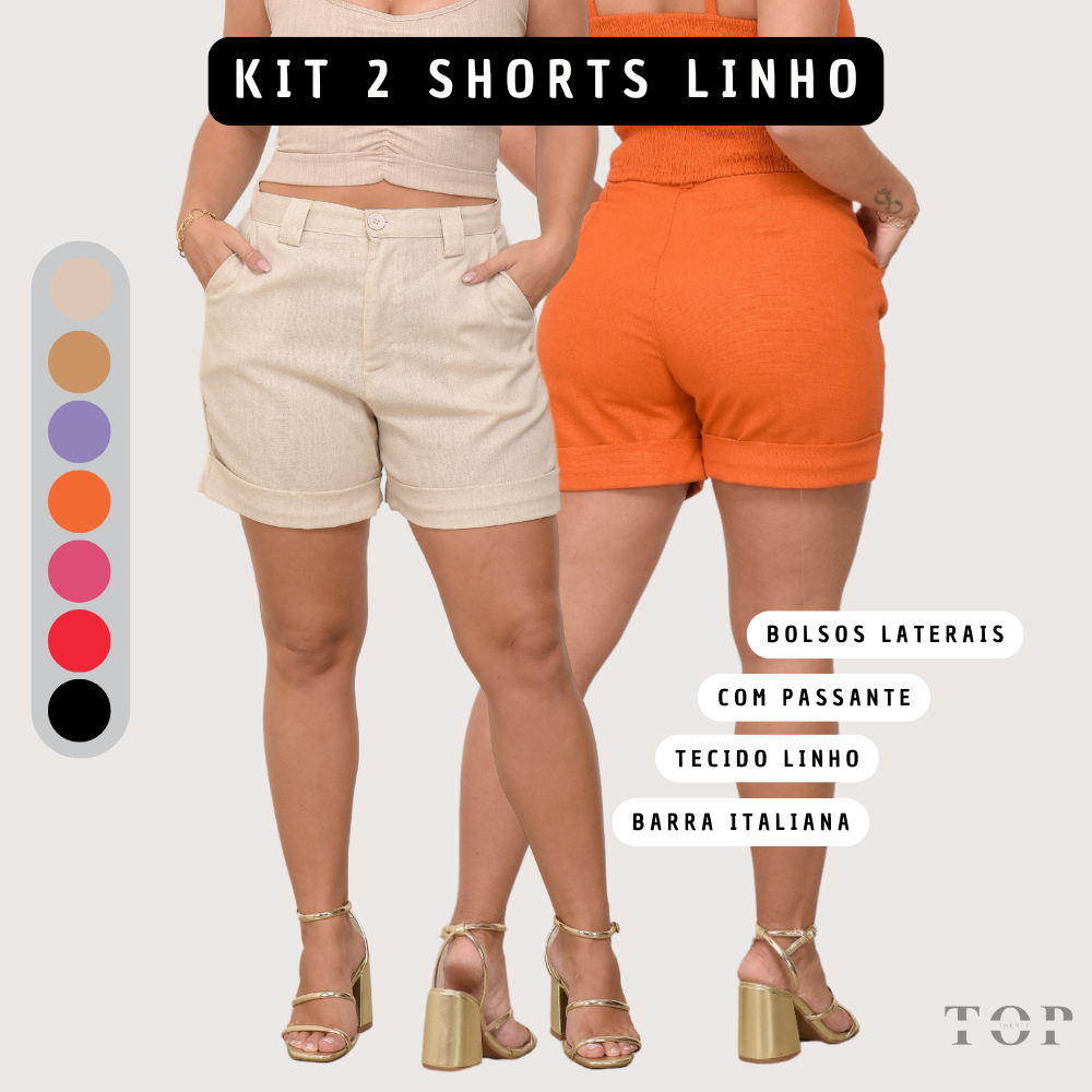 Kit 02 Short Feminino de Linho com Bolso Cintura Alta Alfaiataria Barra ...