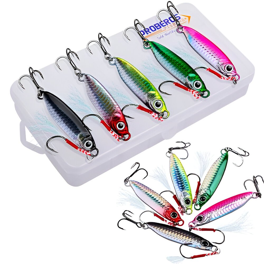 5 Iscas Metálicas Lento Jig 10g + Estojo | Acessório de Pesca