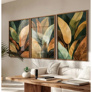 Quadros Decorativos com Moldura Sala Quarto Trio Natureza Pintura Floral O Encanto das Folhas
