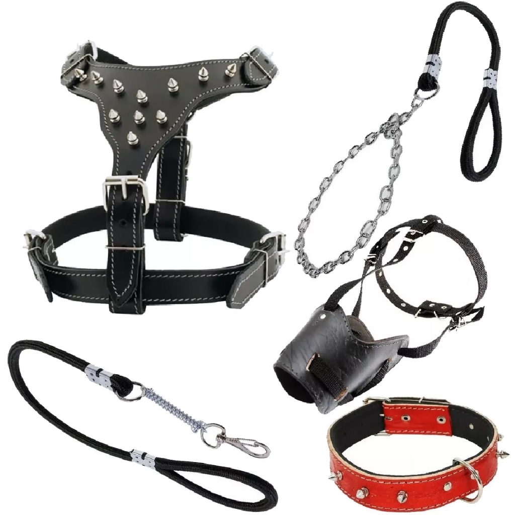 Kit Coleira Peitoral Pitbull Couro Enforcador Focinheira Muz Cachorro Grande