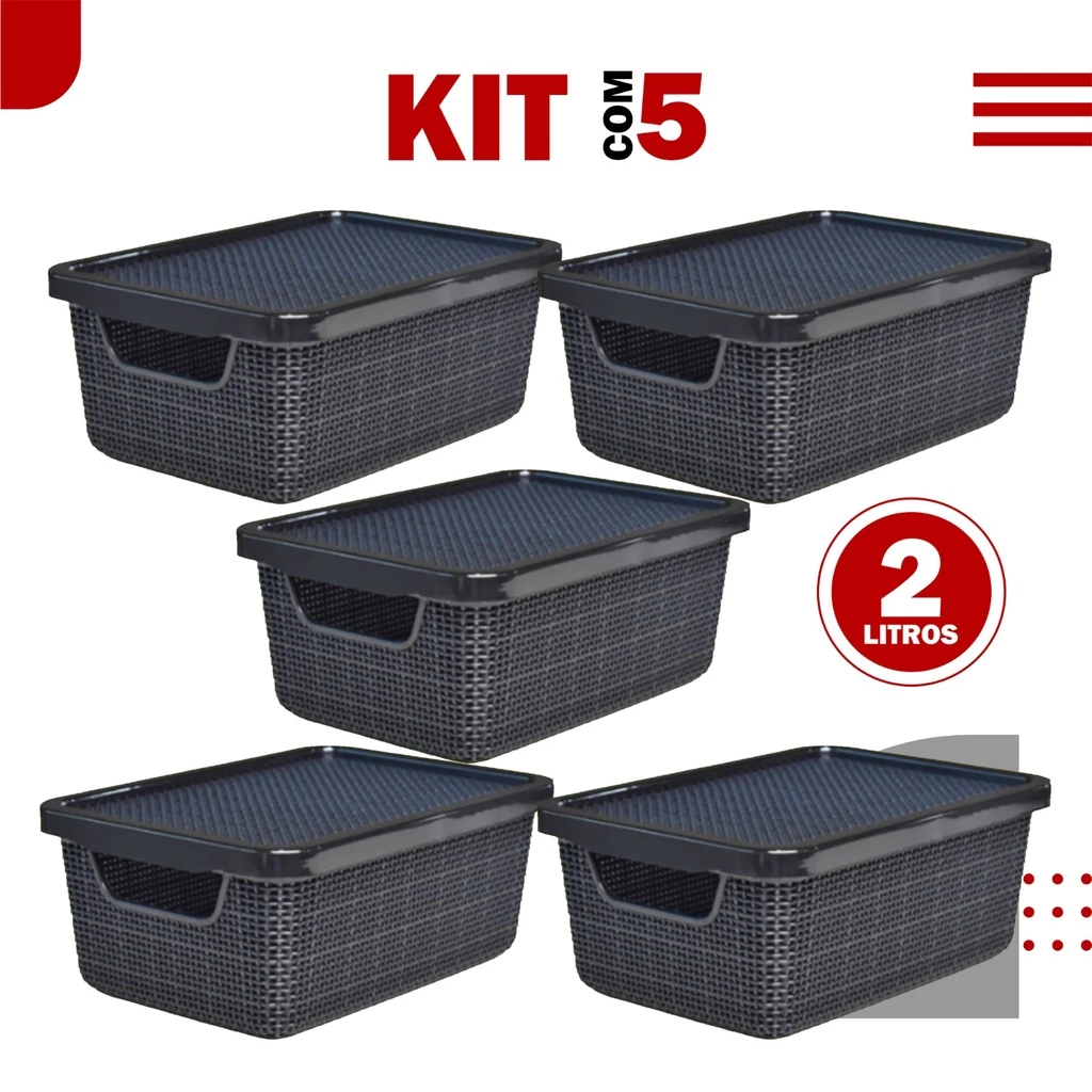 Kit 5 Cestos Organizadores Jutta com Tampa 2L Preto -Caixas 