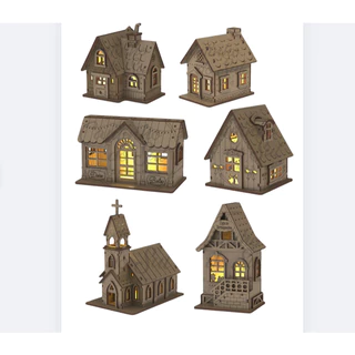 Kit com 5 Casinhas e 1 Igrejinha em MDF 3mm – Luminárias Decorativas