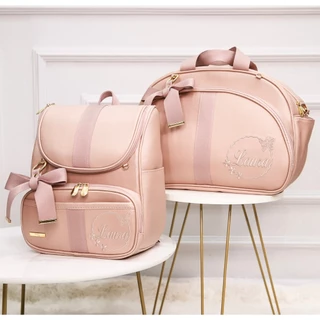 KIT BOLSA MATERNIDADE DE LUXO BORDADO - TEMA: ARCO BORBOLETA (2 PEÇAS) PERSONALIZAM