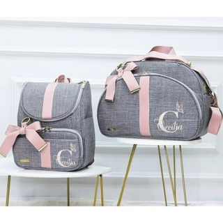 KIT BOLSA MATERNIDADE DE LUXO BORDADO - TEMA: ARCO BORBOLETA (2 PEÇAS) PERSONALIZAMOS