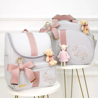 KIT BOLSA MATERNIDADE DE LUXO BORDADO - TEMA:ARCO FLORIDO LINHO JEANS (2 PEÇAS) PERSONALIZAMOS