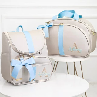 Kit Bolsa Maternidade 2 peças I Mochila Multifunção I Personalizado Creme/Azul I Térmica
