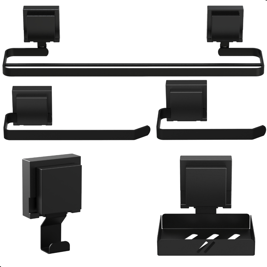 Kit Acessórios Banheiro Com Ventosa Preto 5 Peças Duplo Max