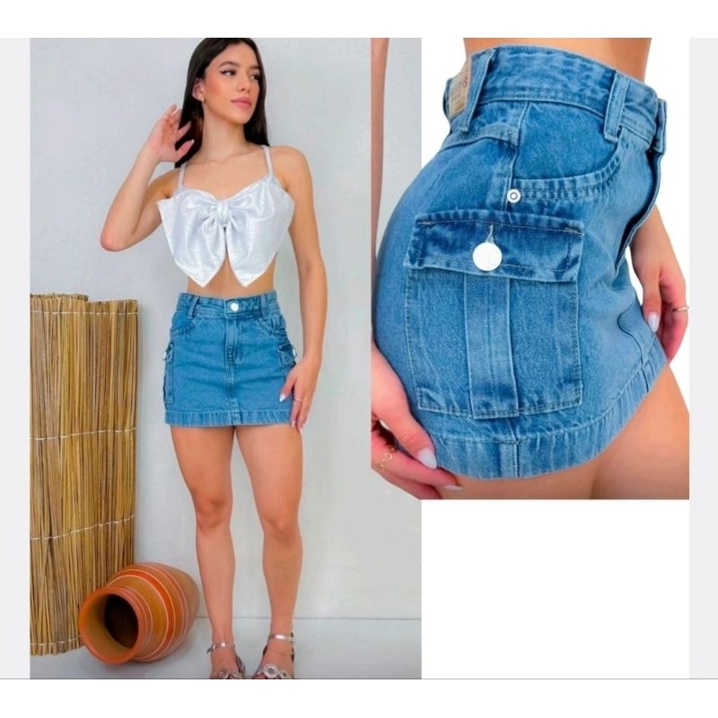Mini Saia Jeans Cargo Infanto Juvenil Sem Lycra 10 ao 16 | Shopee Brasil