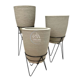 Kit 3 Vasos Escovados Coluna Bojo N1 Decorativos Planta Flor Jardim Sala + Suporte Tripé de Ferro
