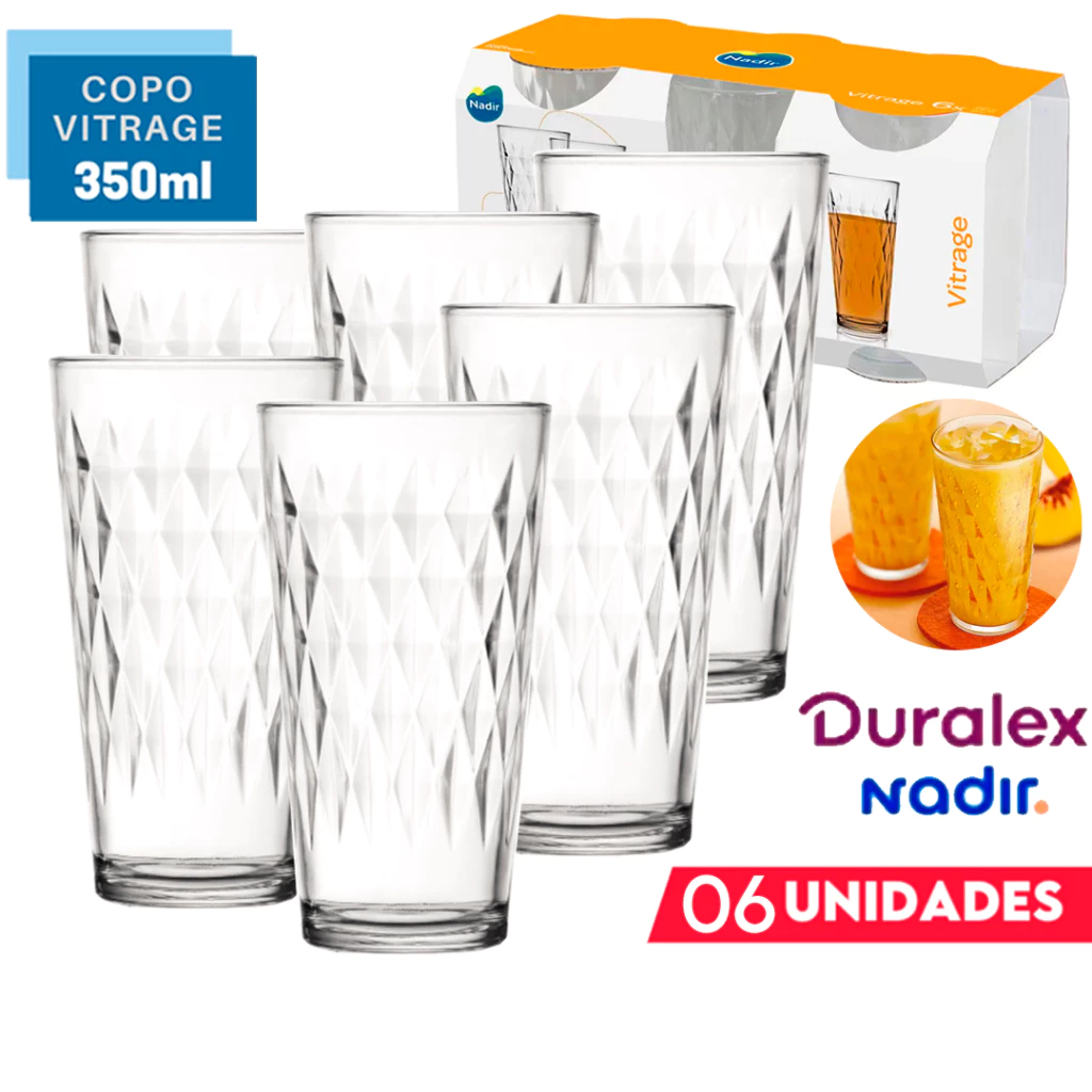 Conjunto Jogo de Copos Vitrage Long Drink Vidro Transparente Bebidas 350ML 6 Unidades Nadir
