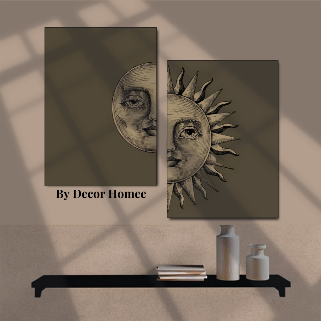 Kit 2 Quadros Metadinha Sol e Lua, decoração de casa, sala escritorio, MDF 20x28