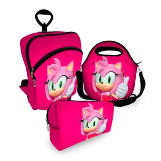 Kit Escolar Mochila Infantil Com Rodinha + Lancheira + Estojo Plus Sonic Amy Lançamento MEGA OFERTA