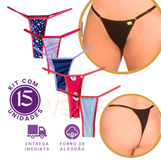 15 Calcinhas Kit Fio Dental Feminina Tam Único Forro Algodão Confortável Estampas Diversas