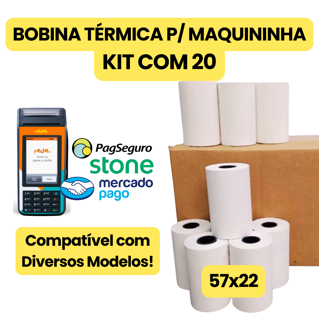 KIT COM 20 BOBINAS 57x22 PAPEL TÉRMICO BRANCO PARA MAQUININHA DE CARTÃO ...
