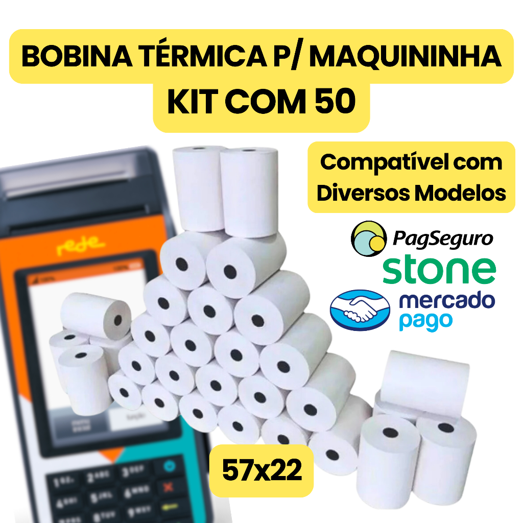 KIT COM 50 BOBINAS 57x22 PAPEL TÉRMICO BRANCO PARA MAQUININHA DE CARTÃO ...