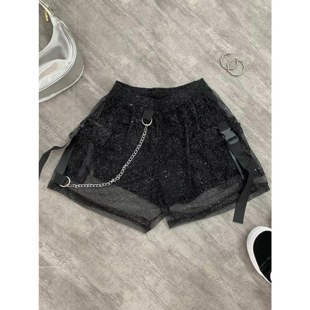 Short em TULE Transparente Brilhante Correntes e bolsos/com gliter ...
