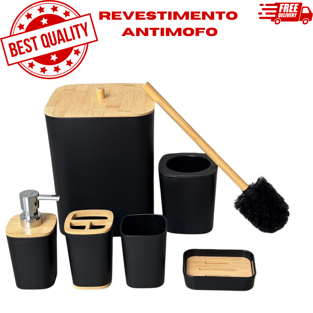 Kit Banheiro 6 Peças Bambu Madeira Conjunto Quadrado Lixeira com Tampa ...