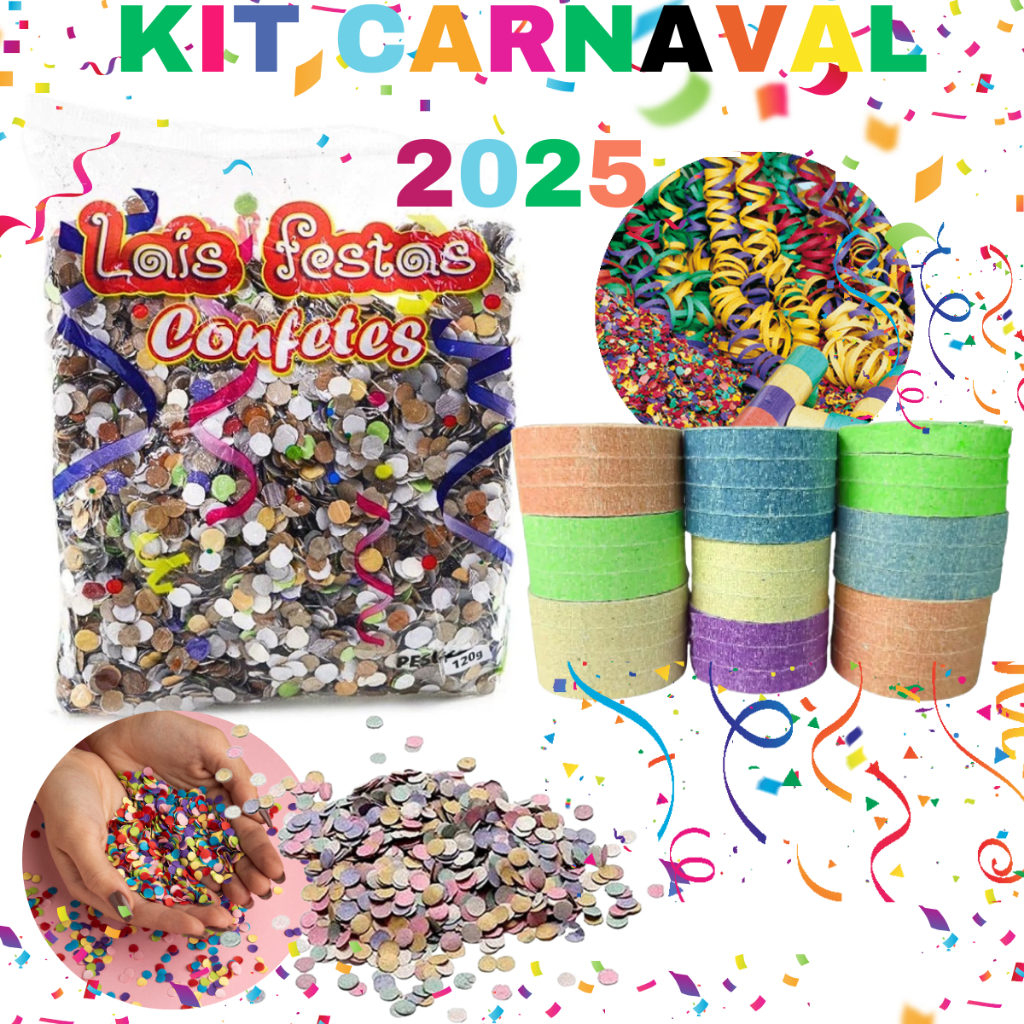 KIT CARNAVAL Confetes Serpentina Coloridos Biribinha Diversão Folia ...