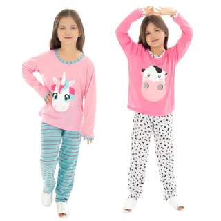 Kit 2 Pijama Longo Infantil Feminino Manga Longa Inverno Personagens em Oferta na Shopee