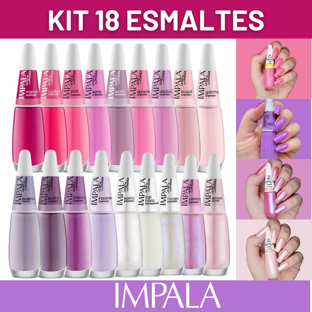 Kit 18 Esmalte Impala Tons Rosa Branco Lilas Claros Cremoso Perolado ...