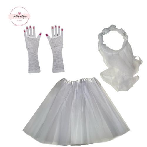 KIT FANTASIA DE NOIVA+SAIA DE TULE BRANCA+VÉU DE NOIVA+LUVA ARRASTÃO ...