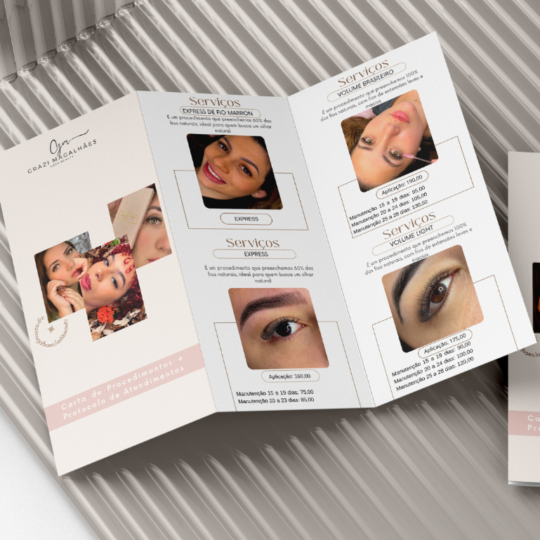 Menu 3 faces para studio lash designer nail designer e + apresentação para deixar na recepção ARTE PERSONALIZADA