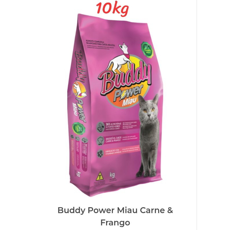 10kg, Ração, Buddy Power Miau, Gatos Adultos, Sabor Carne e Frango ...