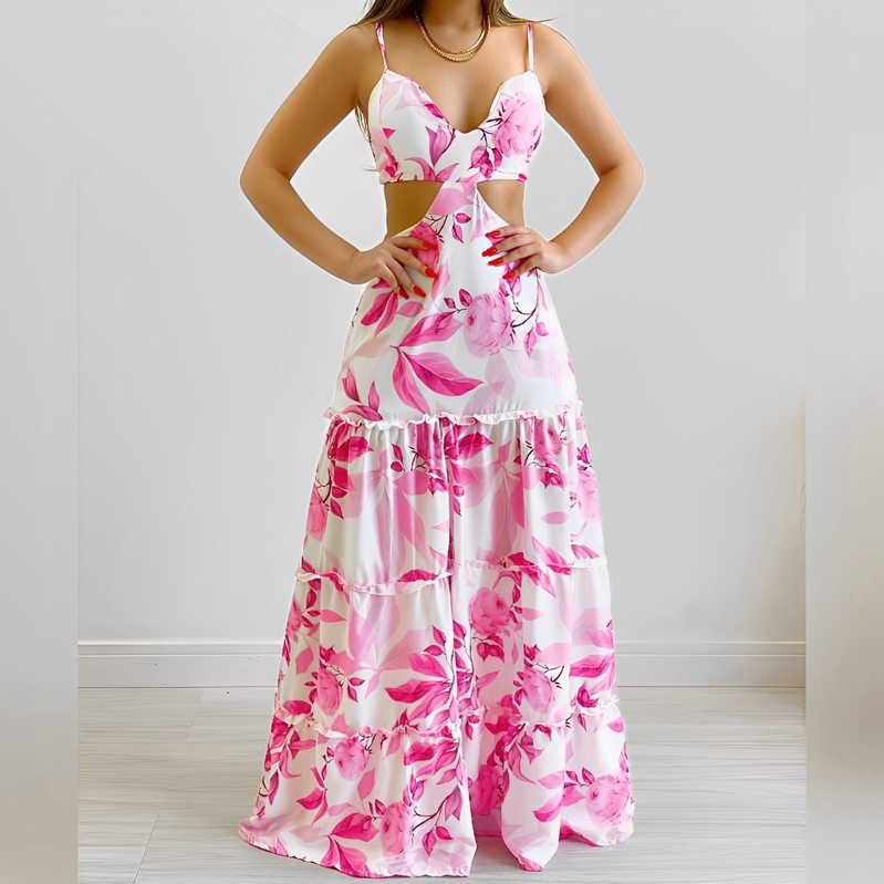 Vestido Longo Feminino Verão Estampa Floral Abertura/Recorte