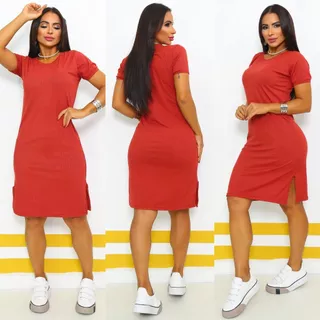 Vestido Feminino Midi com Fenda nas Laterais Tecido Ribana