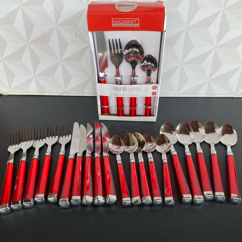 Kit faqueiro com talheres vermelho de inox para cozinha com 24 peças ...