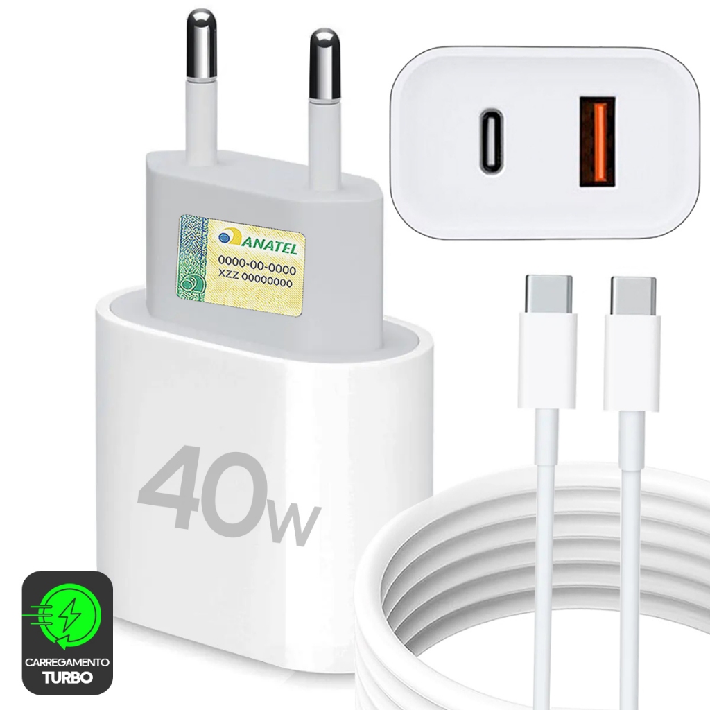 Kit Carregador Tipo C Fonte Turbo 40W 2 Entradas com Cabo Usb-C Para ...