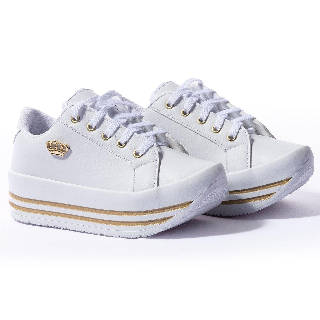 Tênis Feminino Plataforma Alta Branco Tenis Preto Confortável