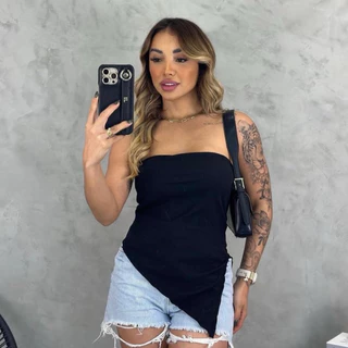 Blusa Tomara que Caia Assimétrica Canelada Promoção em Oferta na Shopee