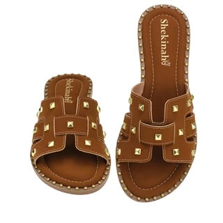 Sandália Feminina Rasteira Rasteirinha Shekinah Enfeite Spike Sola Cravos Tachas Moda