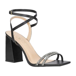 Sandália Feminina Lumiss Salto Bloco Alto Grosso Tiras Strass Brilho Cristal Confortável Fivela Fashion Moderna