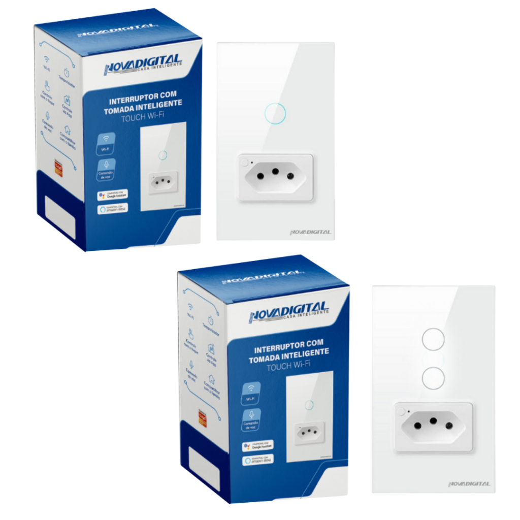 Interruptor WiFi com Tomada 4x2 Touch Branco Smart Alexa Google Novadigital Compatível com Tuya