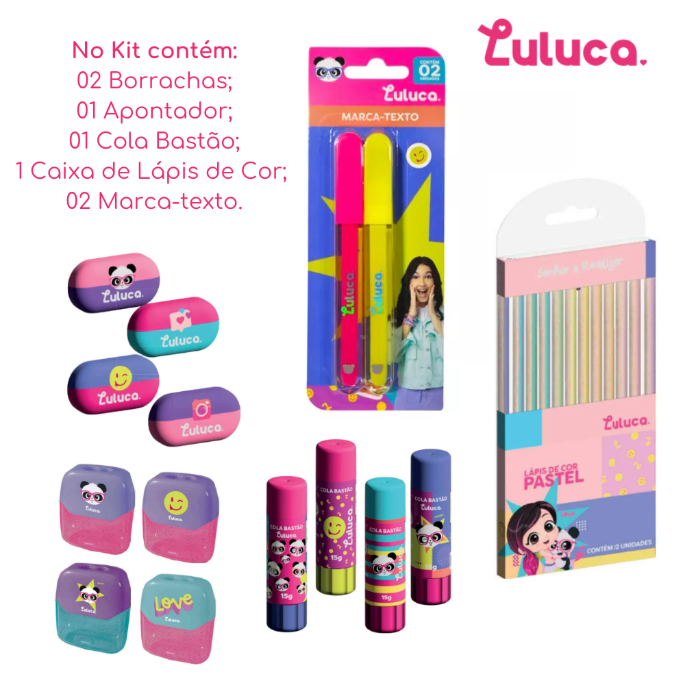 Kit Escolar Luluca Pandinha Lápis de Cor Marca Texto Cola Bastão ...