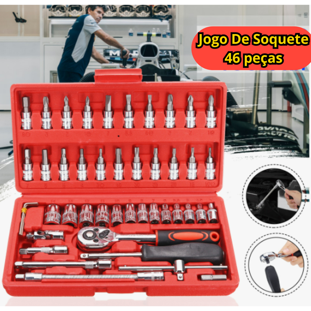 Kit Ferramentas 46 Peças Jogo de Soquetes Catraca Reversível e Maleta ...