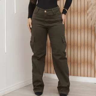 Calça Jeans Wide Leg Cargo Feminina Branca Cintura Alta Com Lycra Premium