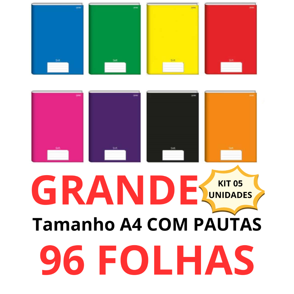 Kit 5 Unidades de Cadernos Brochura Capa Dura Grande 96 Folhas Com ...