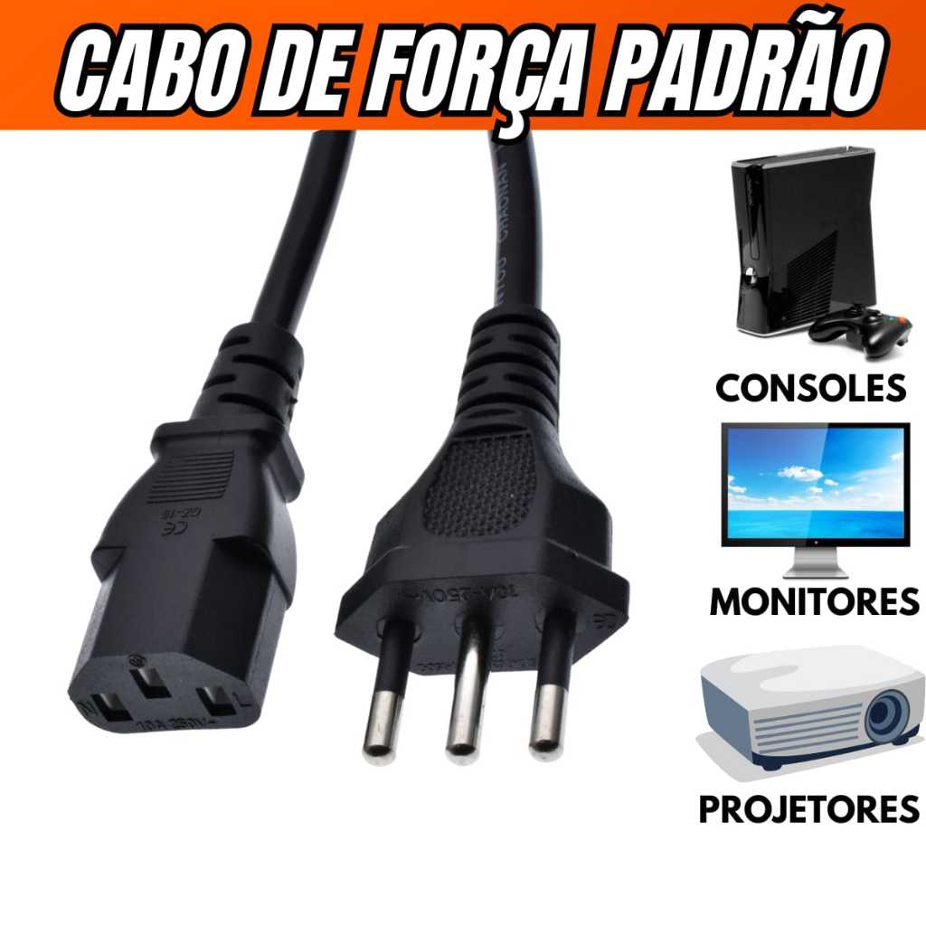 Cabo de Força Tripolar P/ Fonte Pc Monitor Padrão Inmetro - 1.2M