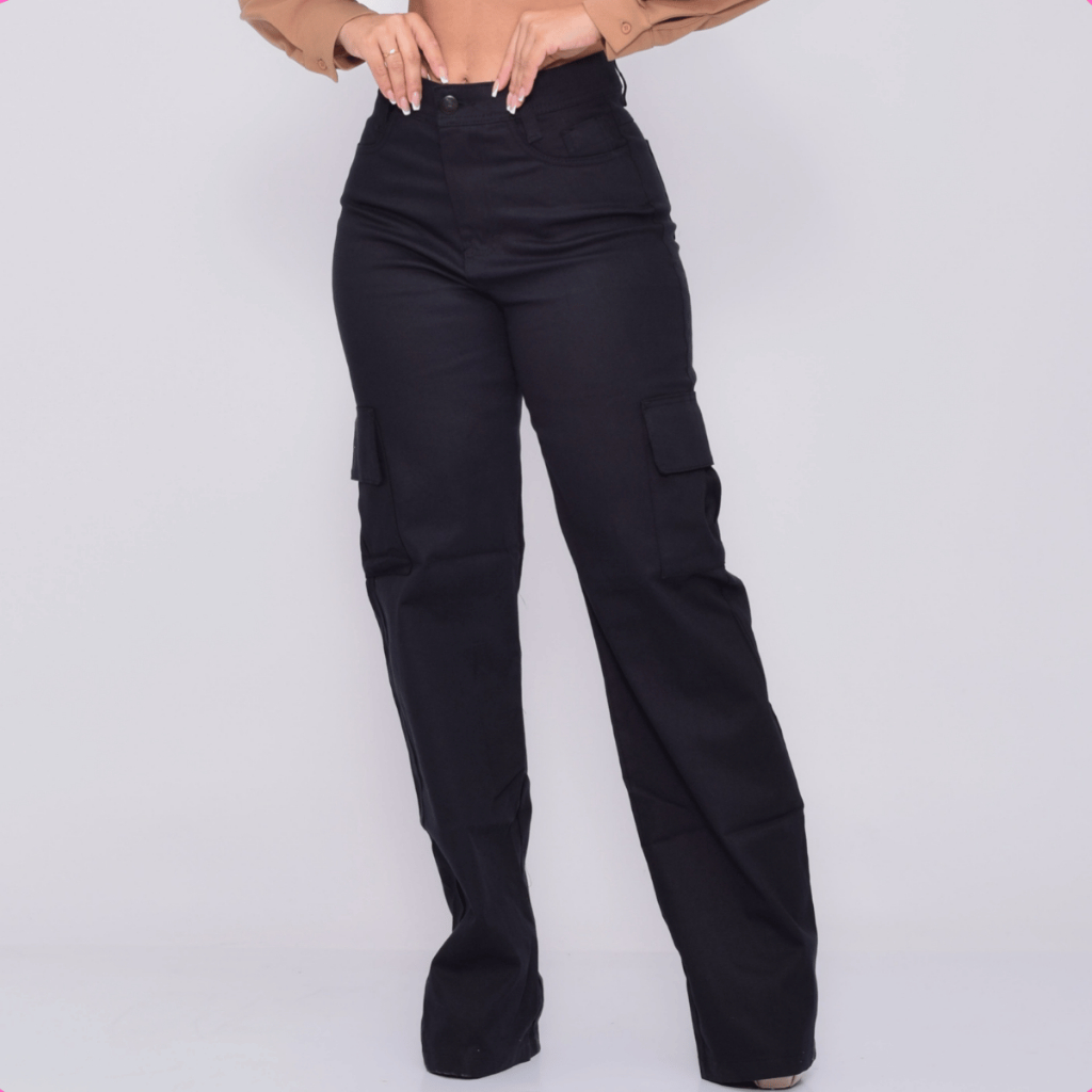 Calça Jeans Wide Leg Cargo Feminina Branca Cintura Alta Com Lycra Premium
