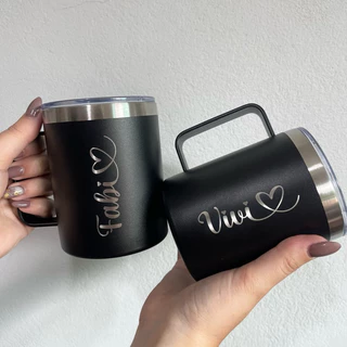 Caneca Aço Inoxidável Térmica Canudo Tampa Alça Copo Personalizado 360ml