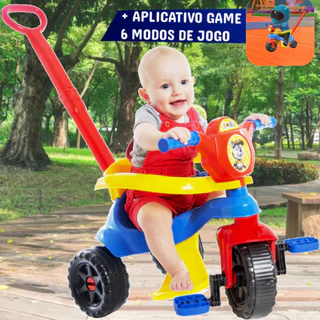 Motoca + Game Aplicativo 3D - Velotrol Triciclo Completo Menino C/ Empurrador, Pedal, Protetor Lateral