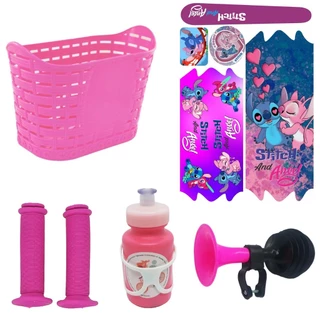Kit Bike Feminino Adesivo Cesta Buzina Manopla Stitch e Anjinha Aro 16/20 Garrafa Squeeze Rosa Lilás