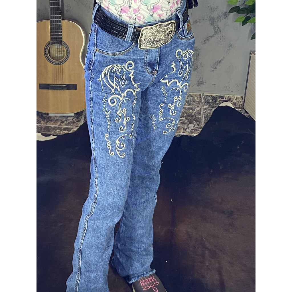 Calça Jeans Feminina Bordada Country Boiada Rodeio Boiadeira | Shopee ...